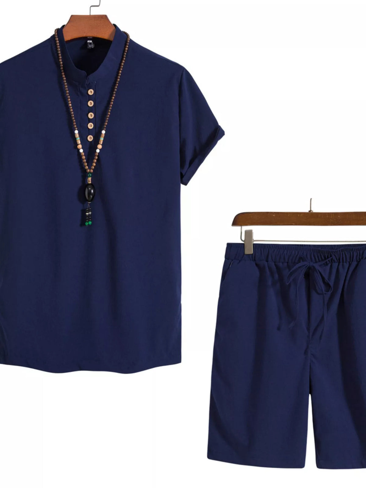 Navy short-sleeve Mandarin collar shirt and matching drawstring shorts with necklace