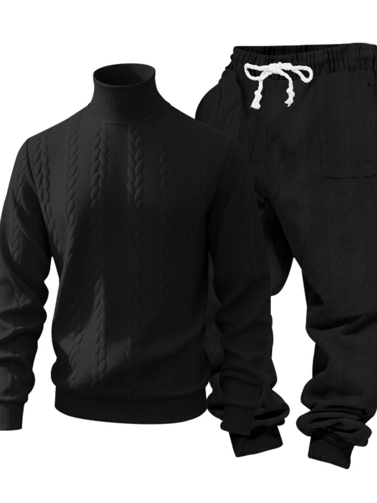 Black cable-knit mock-neck sweater and drawstring joggers displayed flat from the front.