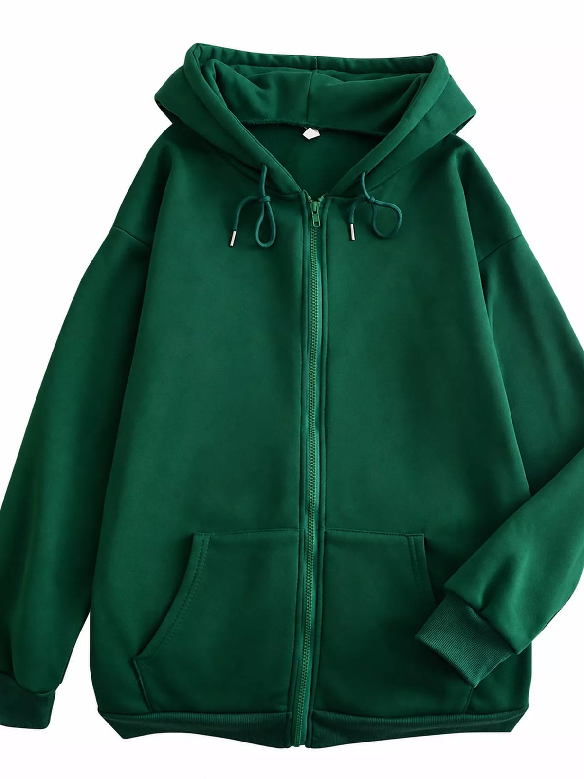 Front view of the dark green oversized zip-up hoodie with drawstrings and pockets