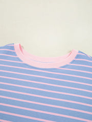 Close-up of pink crew neckline and blue stripes