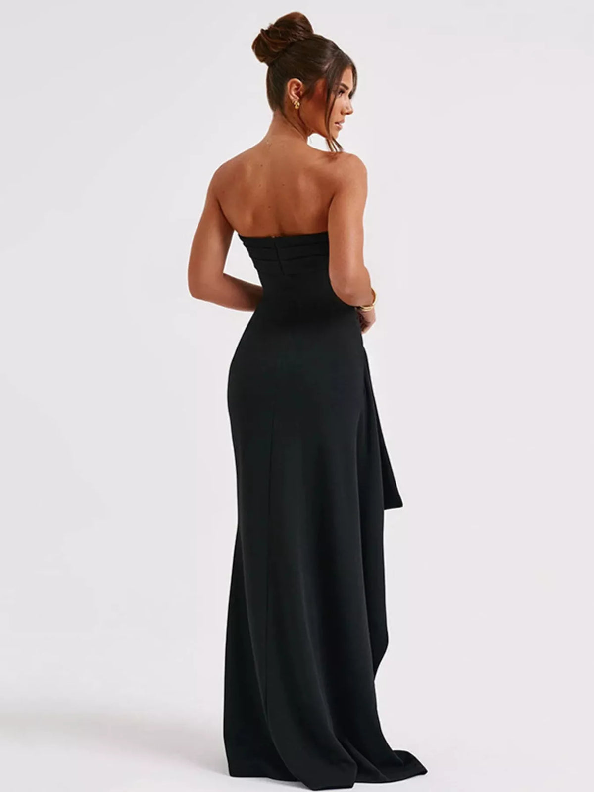 Rear view of black strapless maxi dress