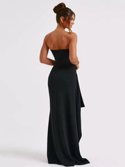 Rear view of black strapless maxi dress