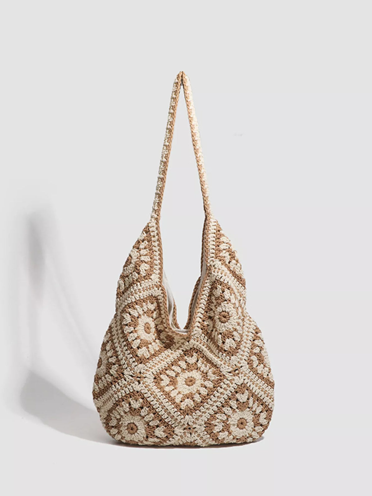 Beige and brown crochet granny-square shoulder bag, front view