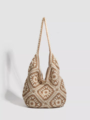 Beige and brown crochet granny-square shoulder bag, front view