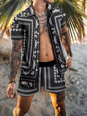 Model wearing black-and-white patterned shirt and shorts