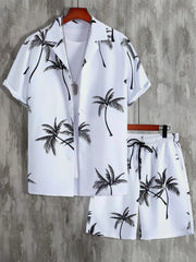 Pink palm-print button-up shirt and shorts set, front view