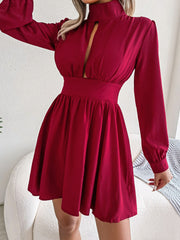 Front detail of burgundy cutout neckline and long sleeves on the A-line mini dress