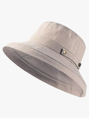 Khaki wide-brim sun hat with side snaps, shown at an angle