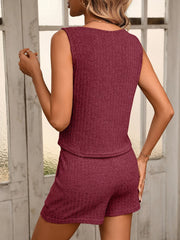 Back view of the burgundy ribbed tank and matching shorts.