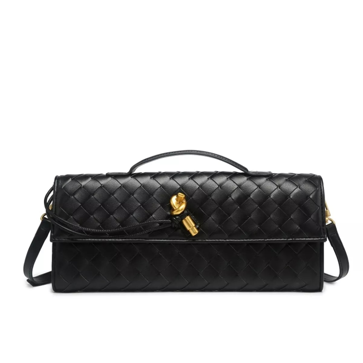 Black woven flap crossbody bag with gold-tone turn-lock clasp