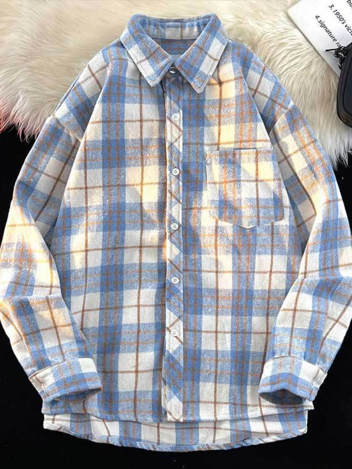 Blue, cream and tan plaid oversized men's long-sleeve shirt shown laid flat with button front and chest pocket