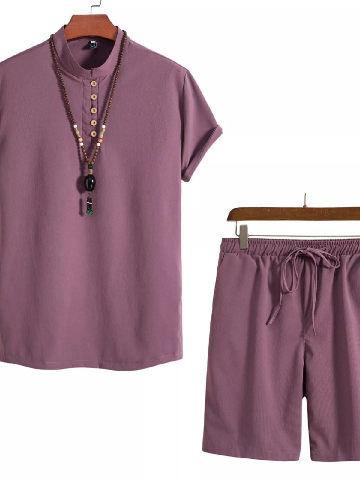 Mauve short-sleeve Mandarin collar shirt and matching drawstring shorts with necklace