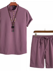 Mauve short-sleeve Mandarin collar shirt and matching drawstring shorts with necklace