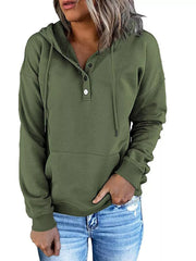 Women’s plus-size kangaroo-pocket drawstring hoodie in army-green front view