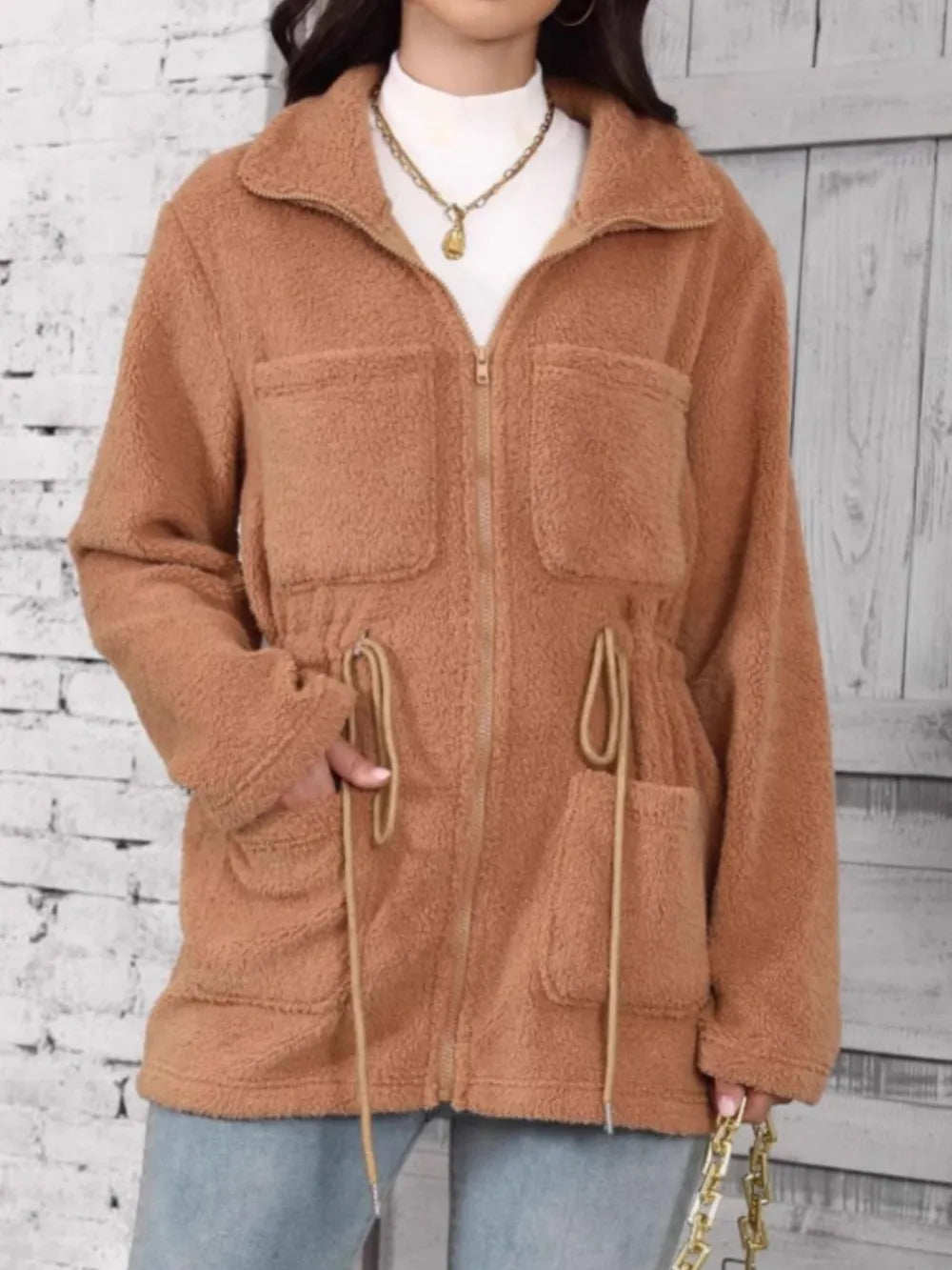 Drawstring zip-up long-sleeve outerwear in camel front view
