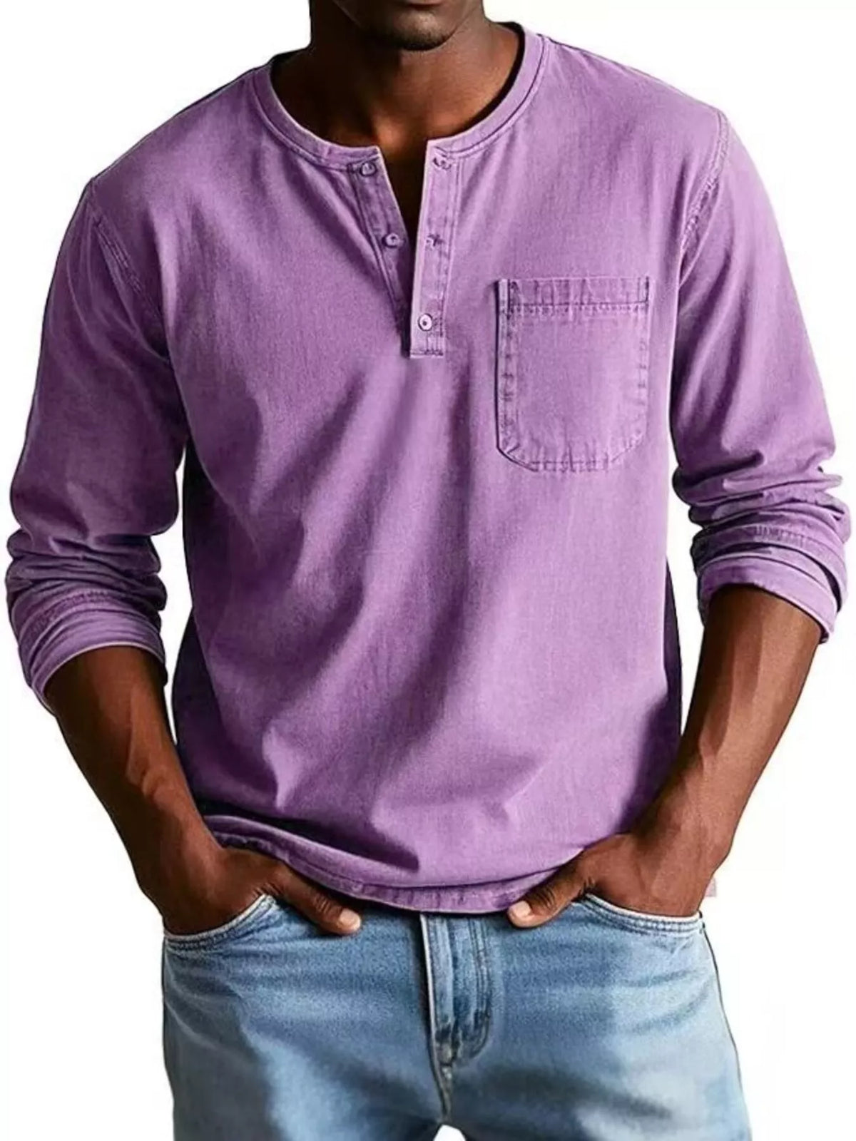 Purple long-sleeve button-detail top with chest pocket, shown on a model