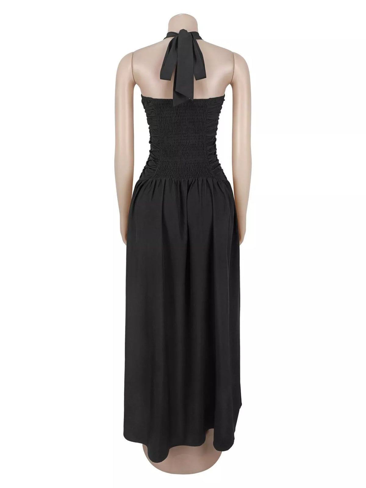 Back view of black halter maxi dress on dress form