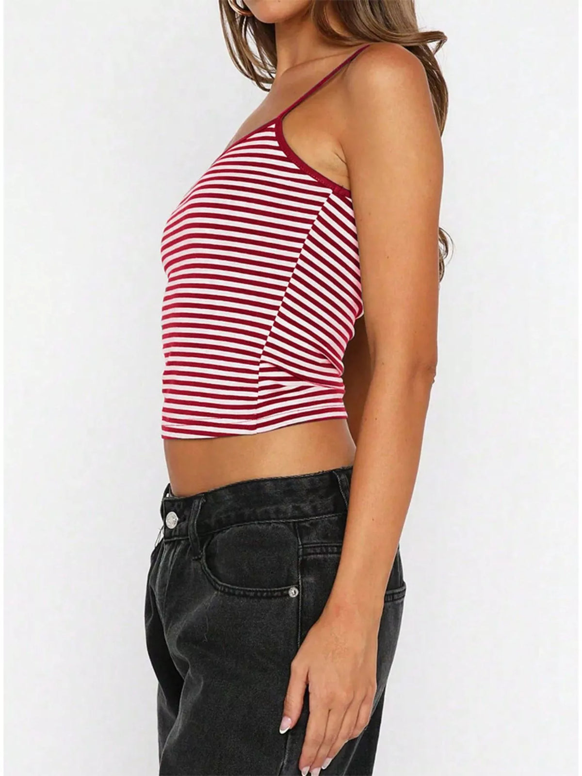 Red and white striped cami side view