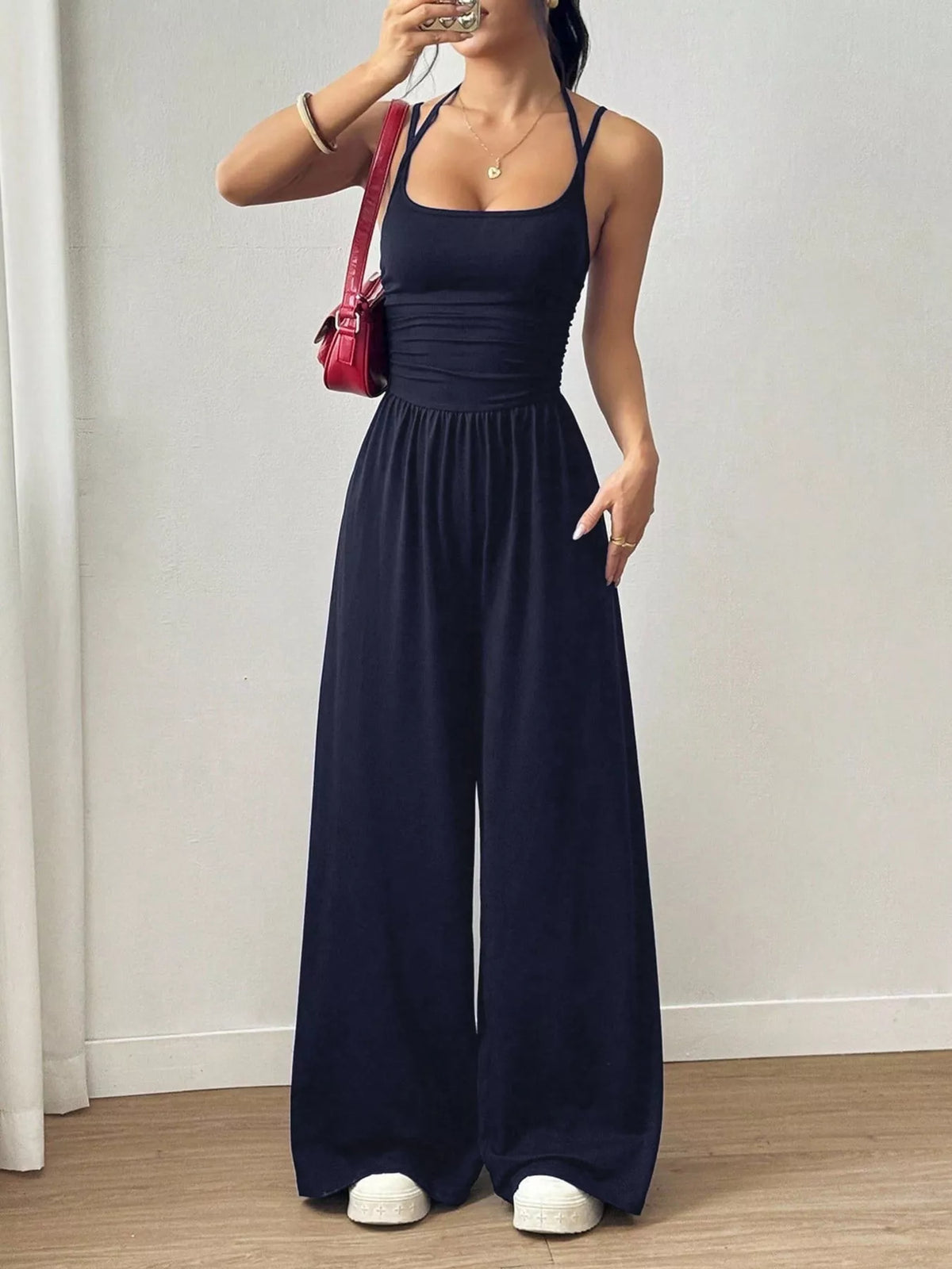 Women's spaghetti-strap wide-leg jumpsuit, navy front view