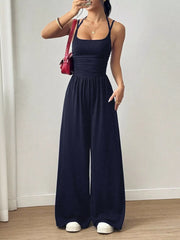 Women's spaghetti-strap wide-leg jumpsuit, navy front view