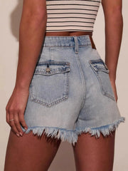 Back view of washed denim shorts