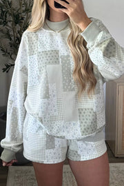 Sage gray patchwork floral pullover and matching shorts shown from the front