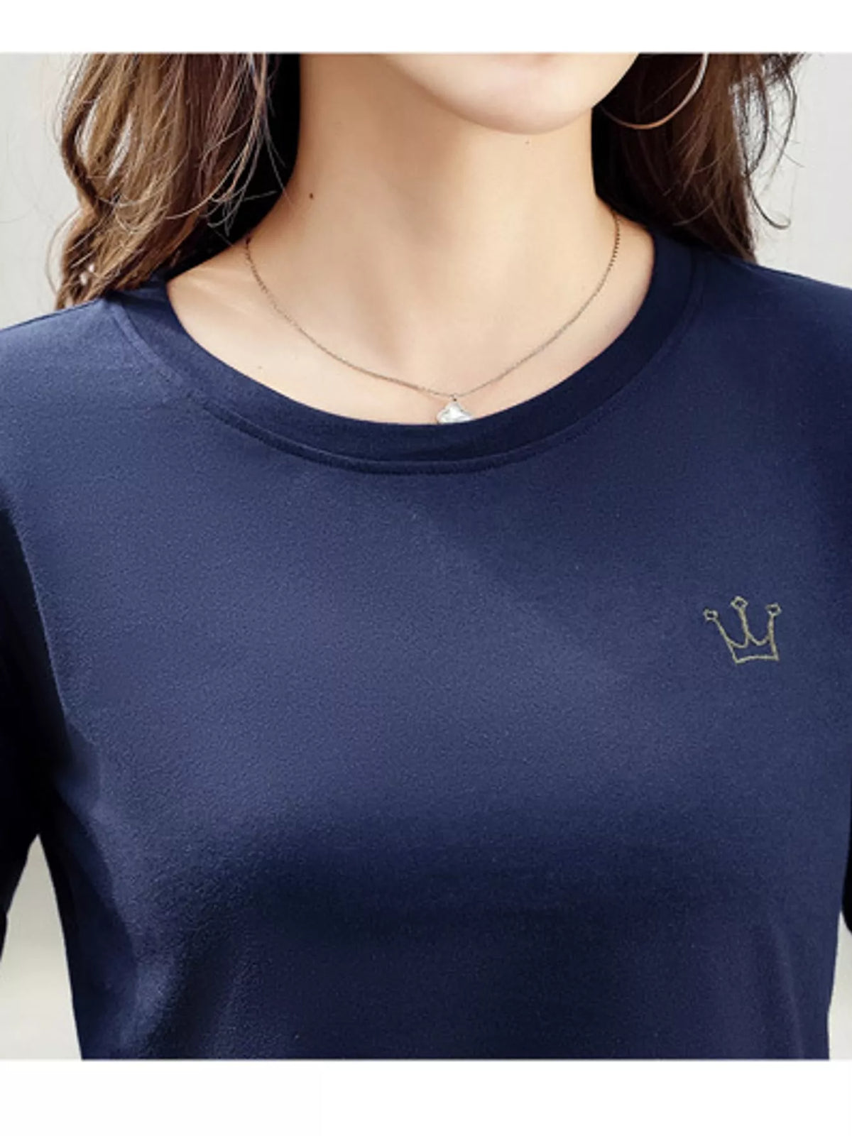 Navy long-sleeve T-shirt with small crown embroidery