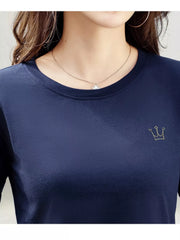 Navy long-sleeve T-shirt with small crown embroidery