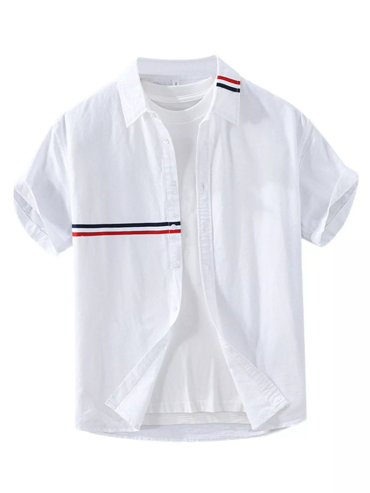 White contrast-stripe shirt shown from the front on a clean white background