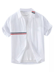White contrast-stripe shirt shown from the front on a clean white background