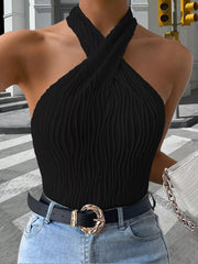 Black ribbed halter tank showing crossed neckline