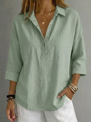 Women's plus-size snap-down 3/4-sleeve blouse, close-up