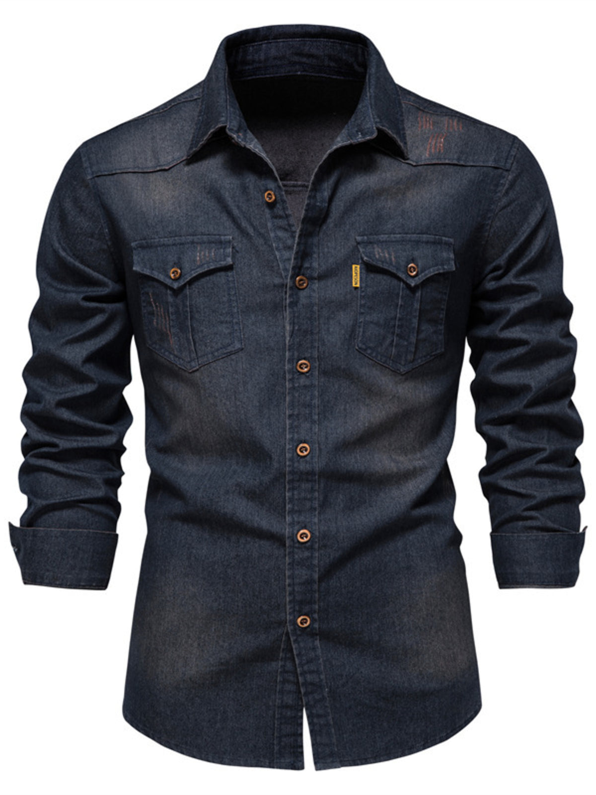 Front view of dark denim button-up shirt with two flap chest pockets