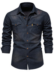 Front view of dark denim button-up shirt with two flap chest pockets