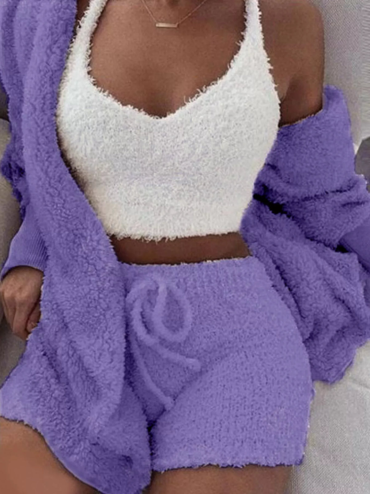 Cream fuzzy lounge set with crop top, cardigan and shorts