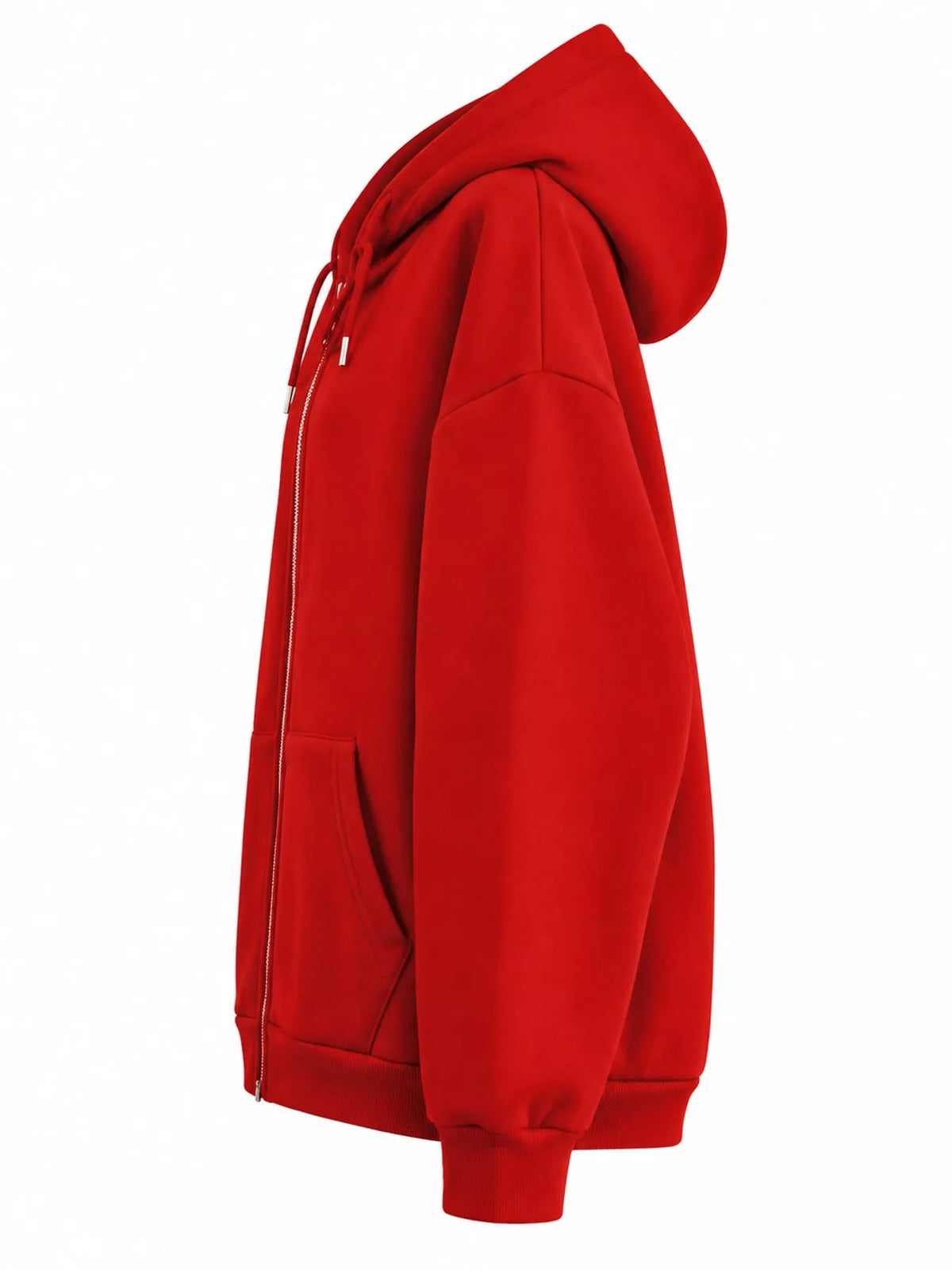 Side view of the red hoodie showing the hood and relaxed sleeve