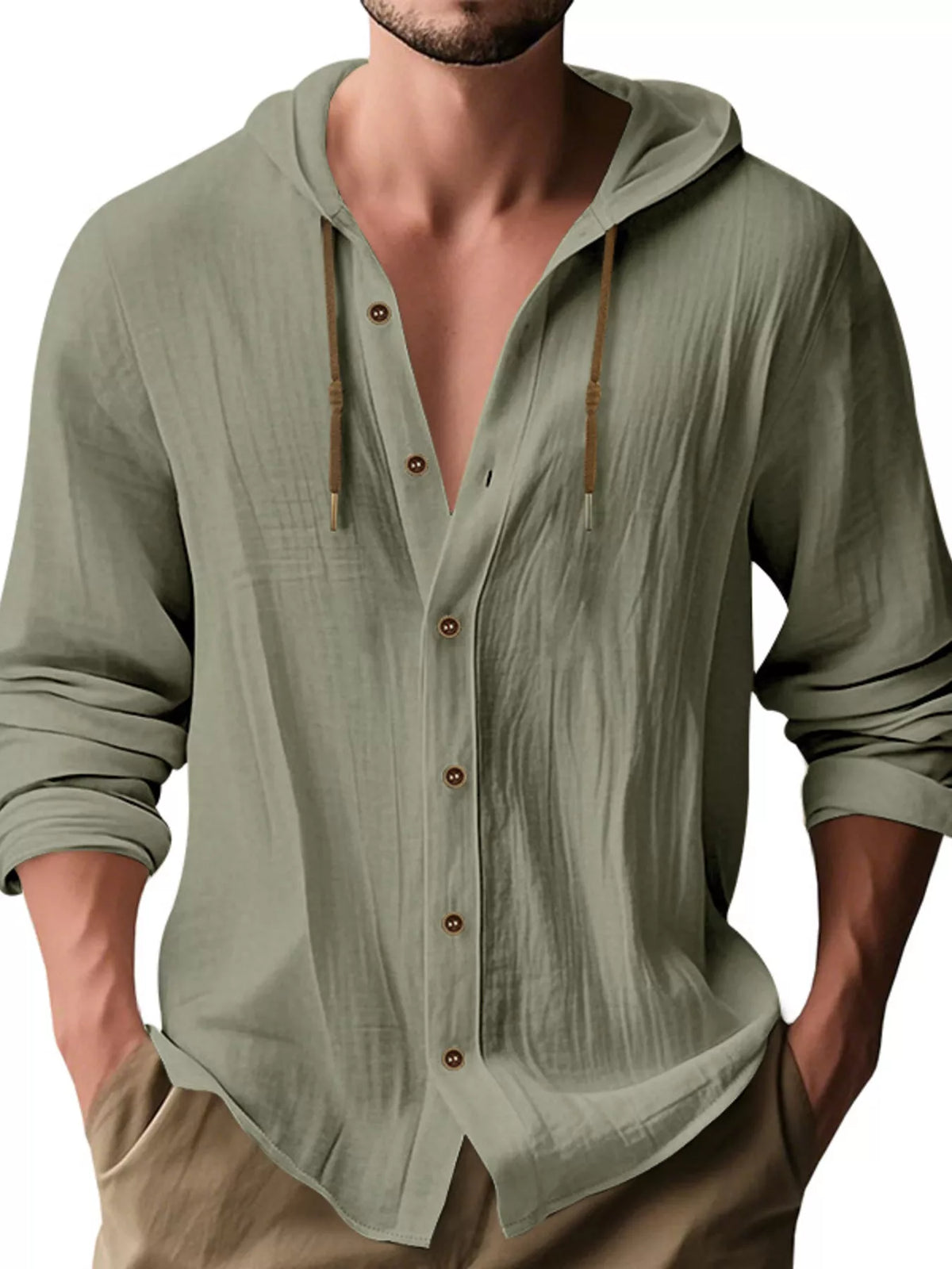Model wearing sage hooded button-up shirt