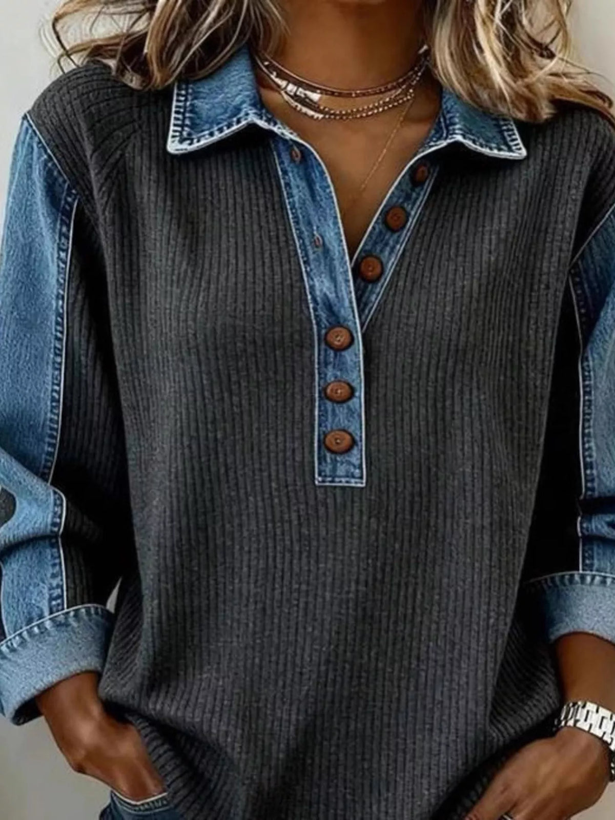 Black denim-trim sweatshirt shown from the front