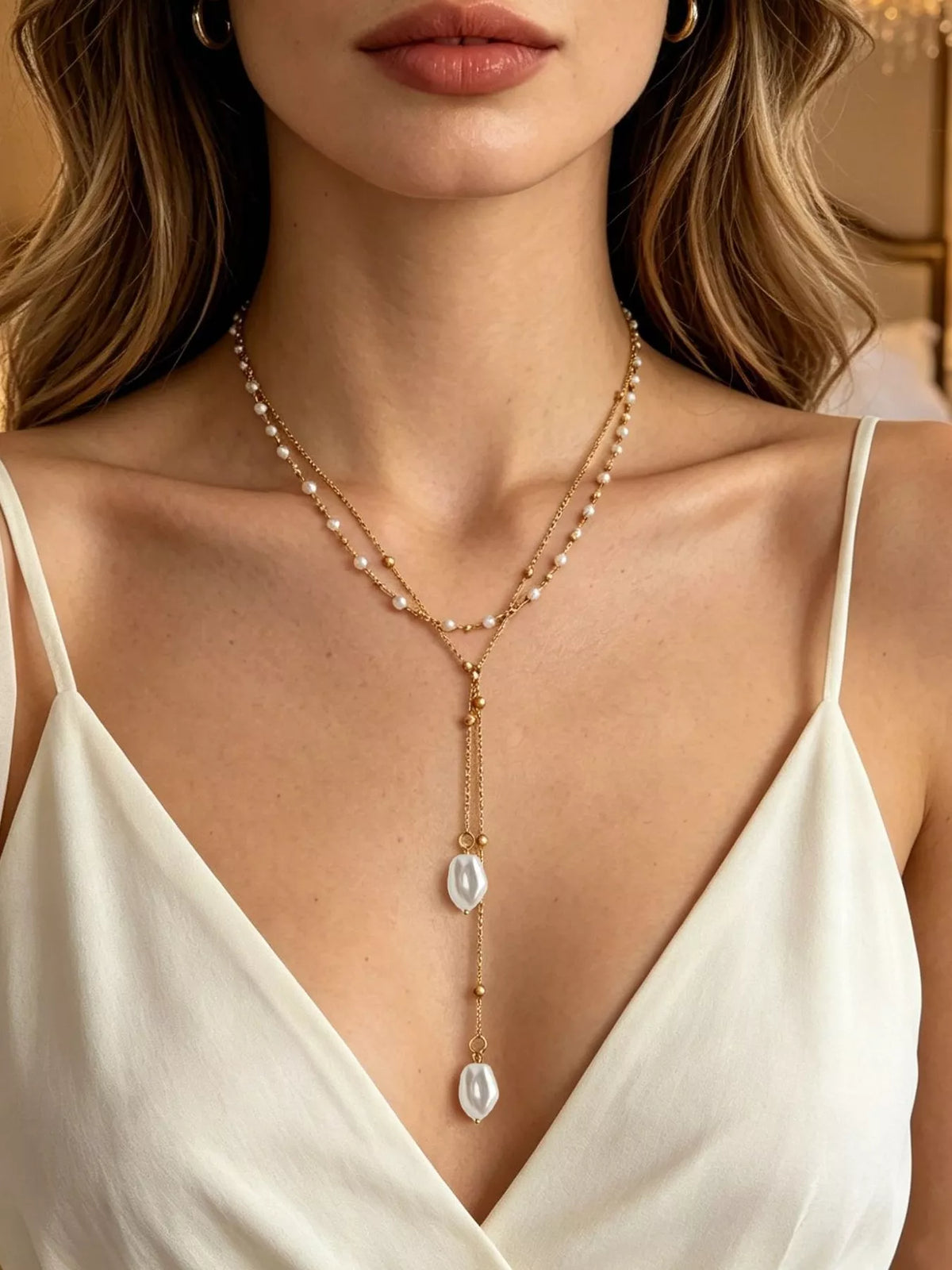 Gold-tone pearl Y necklace with pendant drops worn over a white top