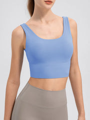 Blue cropped tank with scoop neckline, close front view