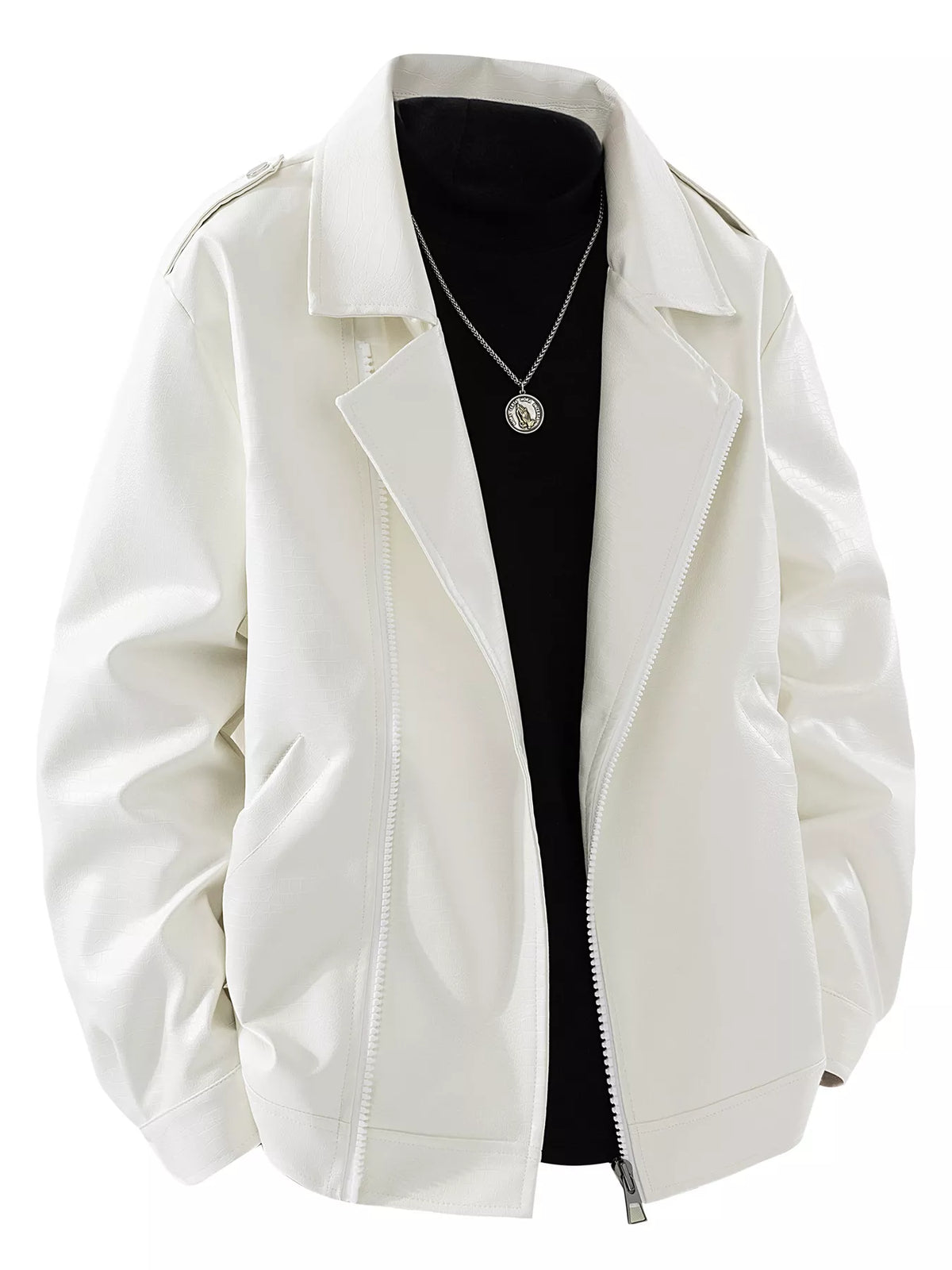 Front view of white lapel-collar jacket over a black shirt