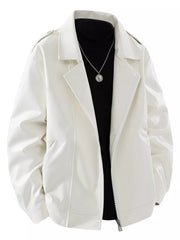 Front view of white lapel-collar jacket over a black shirt