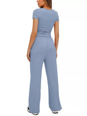 Back view of the light blue tank and matching pants.