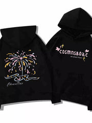 Black hoodie front and back displayed side by side with lettering and pastel fireworks graphics