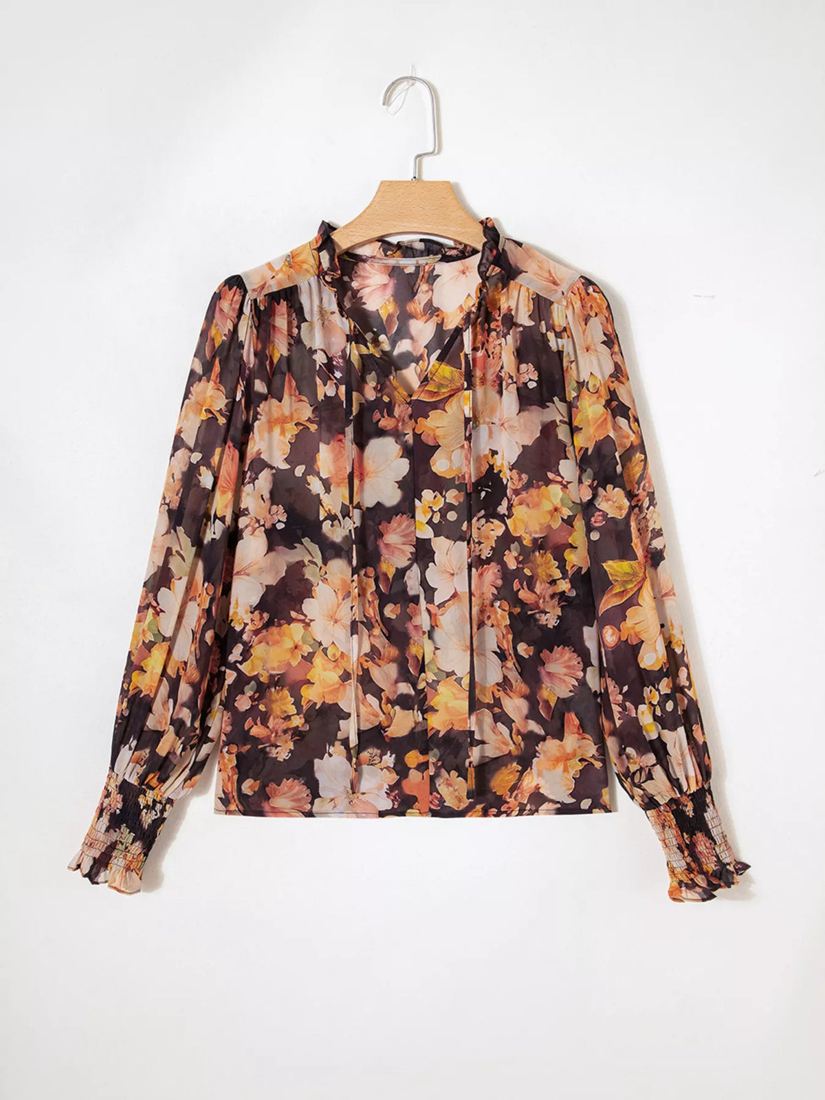 Women's floral V-neck puff-sleeve blouse, front hanging view
