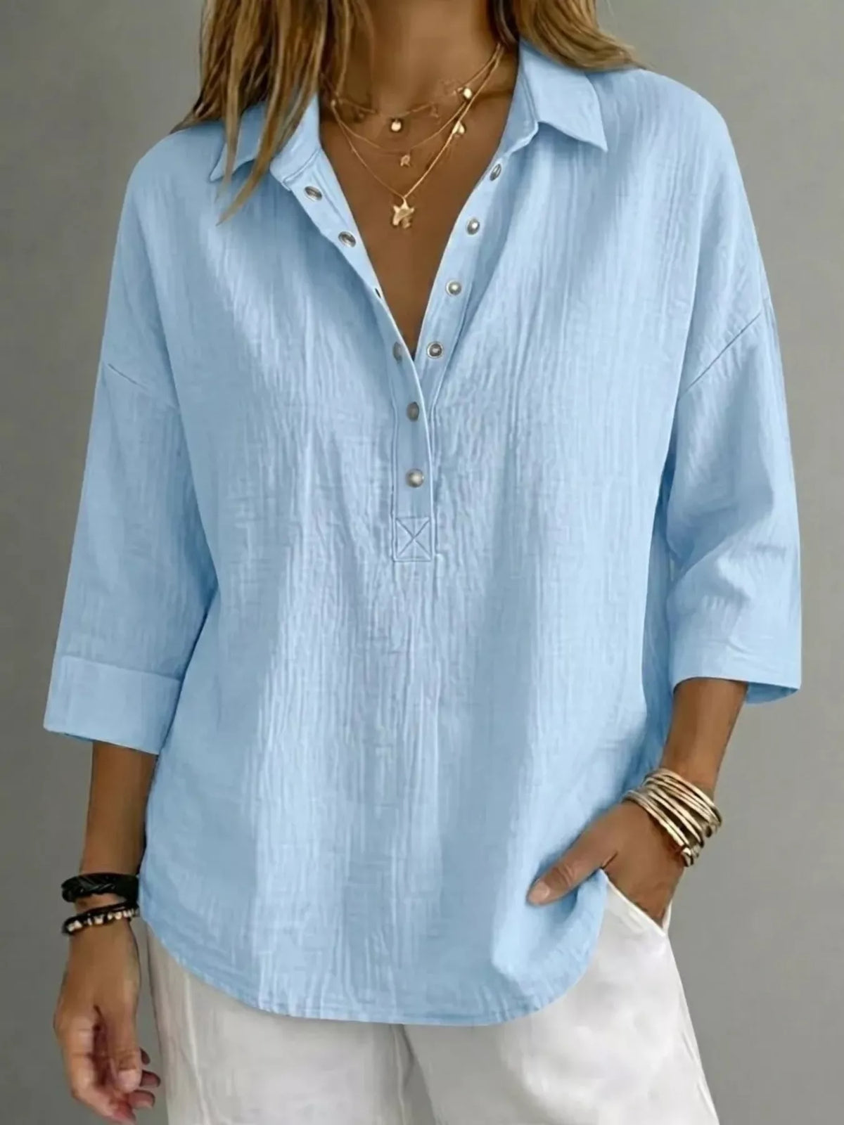 Women's plus-size snap-down 3/4-sleeve blouse, back view