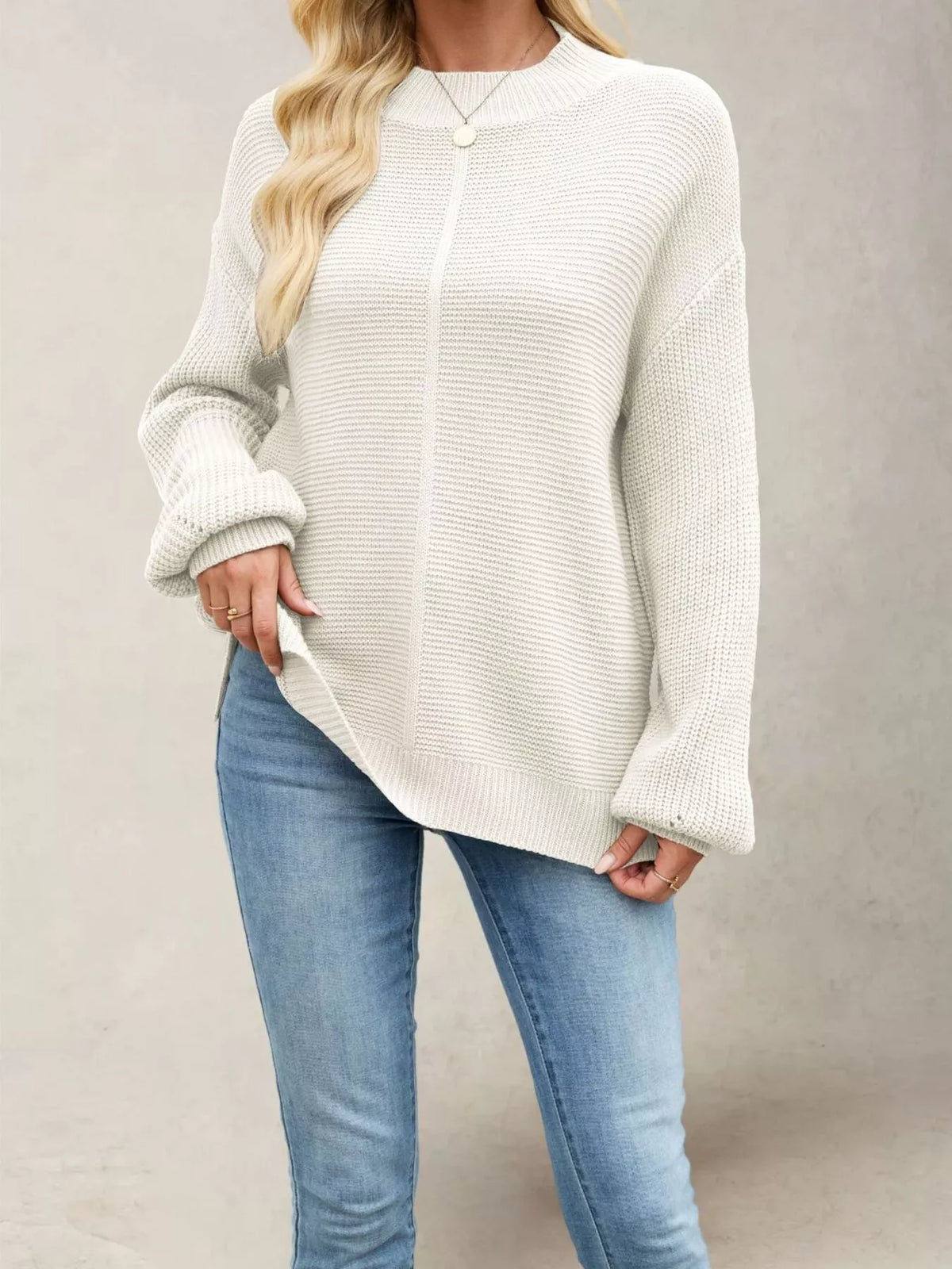 Women’s ribbed mock-neck drop-shoulder sweater in ivory front view