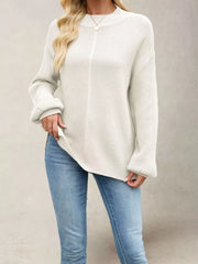 Women’s ribbed mock-neck drop-shoulder sweater in ivory front view