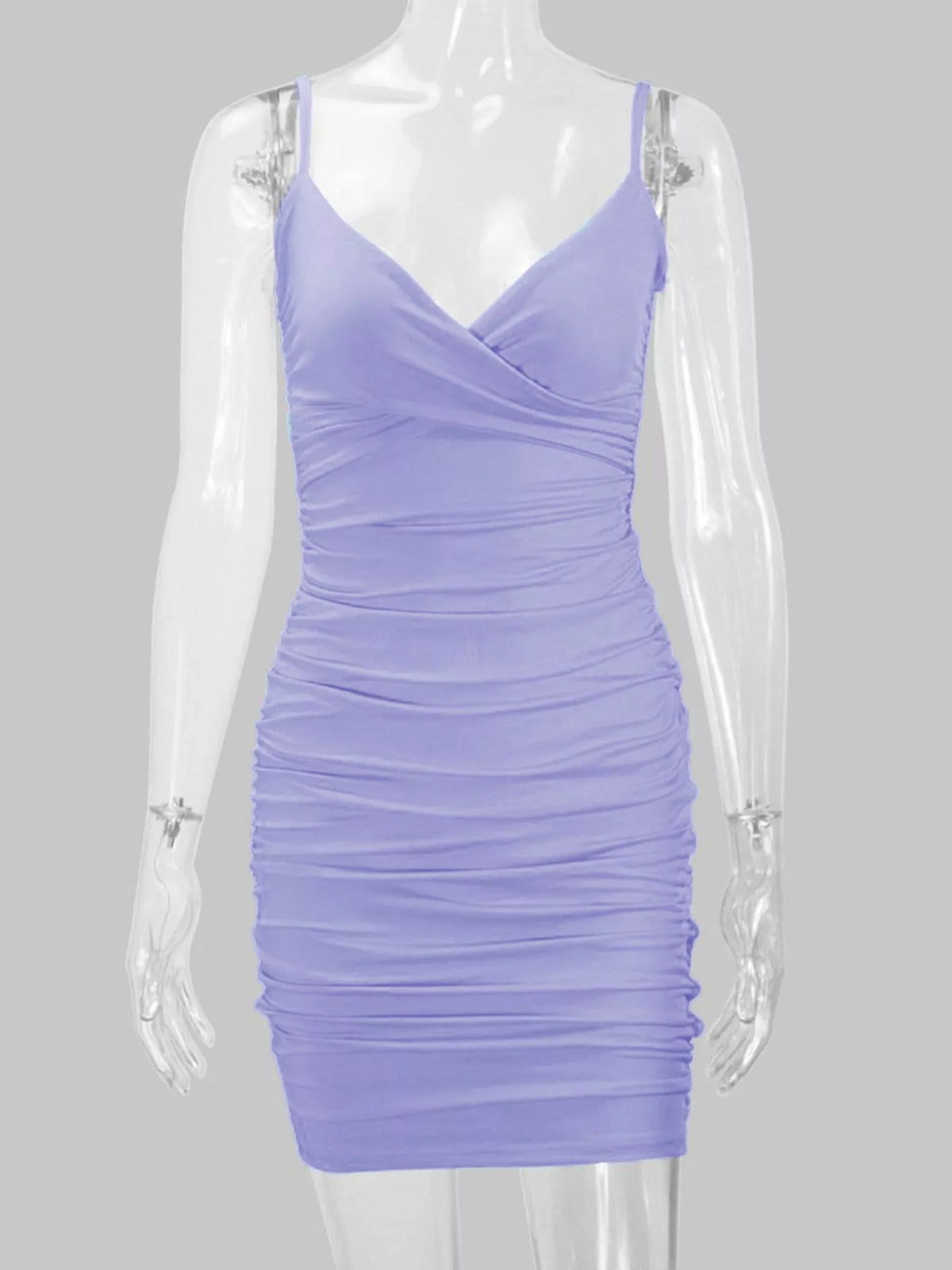 Lavender wrap-front spaghetti-strap ruched mini dress displayed on a mannequin.