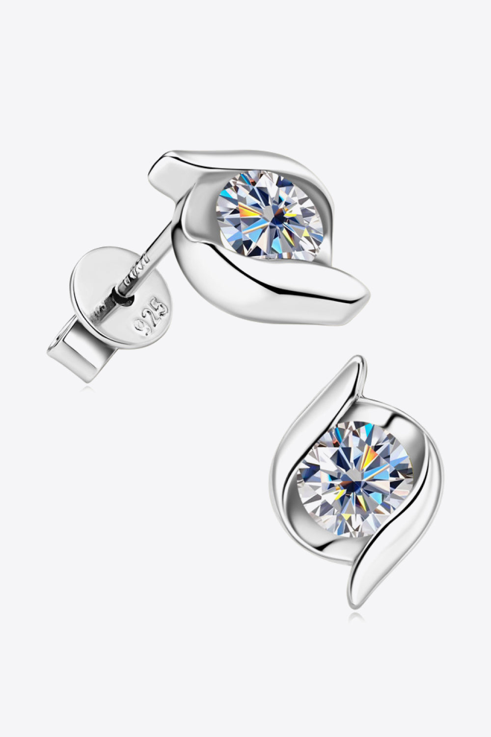 Silver-tone moissanite studs shown with butterfly backs